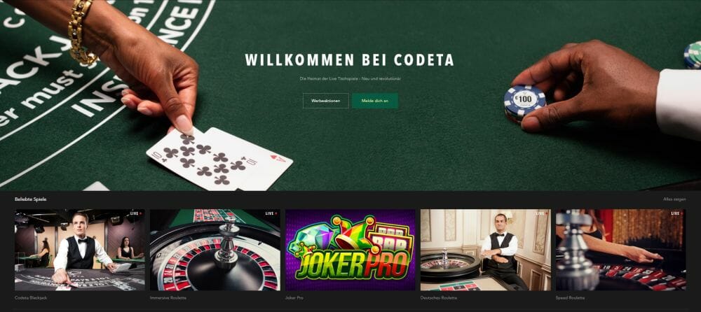 Codeta Casino Startseite Vorschau